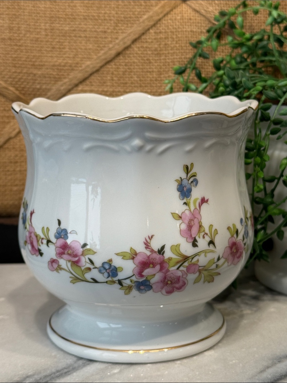 White Porcelain Floral Planter with Pink and Blue Flowers